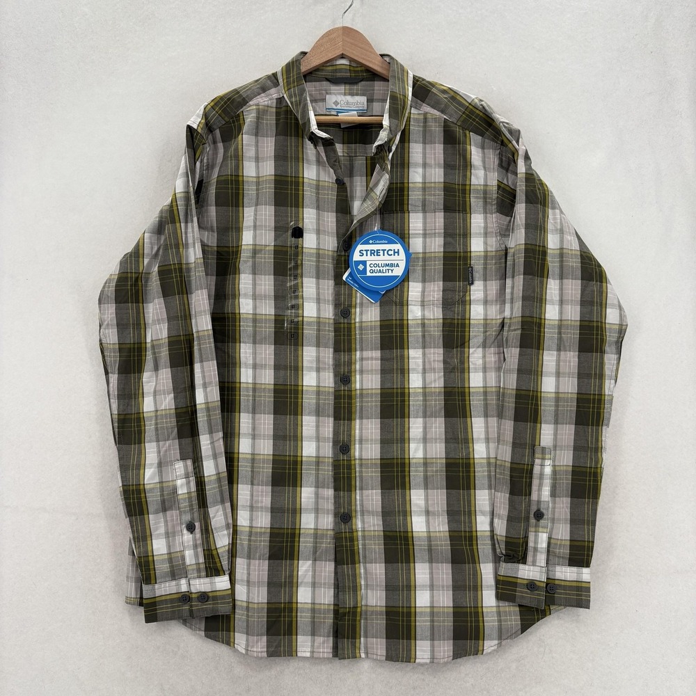 Columbia Out And Back II Shirt Mens LT Green Plaid Long Sleeve Stretch Omni NWT